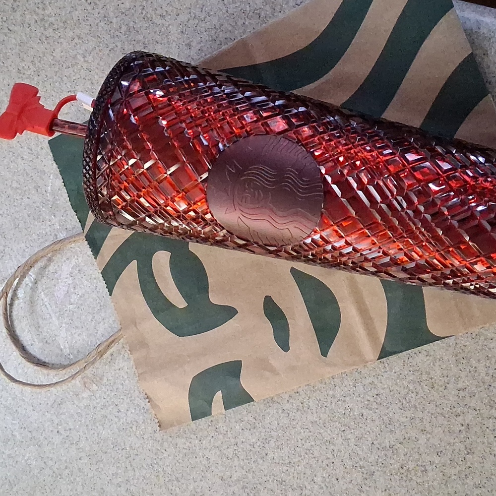 Starbucks Red Merlot Jeweled Studded Cold Cup Tumbler With Red Bow Straw Topper